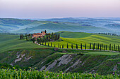 Italien, Toskana, Orcia-Tal, Landhaus bei Sonnenaufgang im Frühling