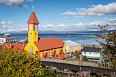 Iglesia nuestra senora de la merced, our lady of mercy church and Beagle Channel, Ushuaia, Tierra del Fuego, Patagonia, Argentina