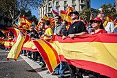 Anti-independence Catalan protestors carry Spanish flags and catalan flags during a demonstration for the unity of Spain on the occasion of the Spanish National Day at Passeig de Gracia, Barcelona on October 12, 2014, Spain