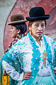 At right Benita la Intocable , at left Angela la Folclorista, cholitas females wrestlers, El Alto, La Paz, Bolivia