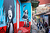 Street art, mural, in `El embudo´street or Carrera 2, Candelaria neighborhood, Bogotá, Colombia