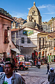 Calle Sagarnaga, in background San Francisco church , La Paz, Bolivia