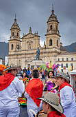 Carnival, musicians in traditional costume, in Bolivar square, Bogotá, Colombia