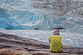 Tourist in Pía Glacier, Beagle Channel (northwest branch), PN Alberto de Agostini, Tierra del Fuego, Patagonia, Chile
