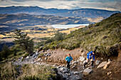 Hikers walking in Torres Sector, Torres del Paine national park, Patagonia, Chile