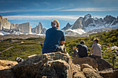 Hikers in Mirador Británico, Valle del Francés, Torres del Paine national park, Patagonia, Chile