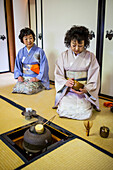 Tea ceremony with iron teapot or tetsubin, in Cyu-o-kouminkan, Morioka, Iwate Prefecture, Japan