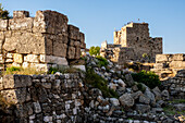 Crusader castle at right in background and ruins, Archaeological site, Byblos, Lebanon