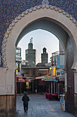 Bab Bou Jeloud gate, in background at right minaret of Sidi Lazaze, at left minaret of Medersa Bou Inania, medina,Fez.Morocco