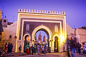 Bab Boujeloud, gateway through the town wall to the historic town centre or Medina, UNESCO World Heritage Site, Fez, Morocco, Africa.