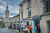 Lion street, in background clock tower, Hay on Wye, Wales