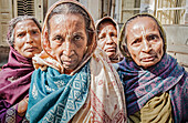 Gruppe bettelnder Witwen, Vrindavan, Mathura-Distrikt, Indien