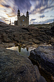 Sunrise at Virxe da Barca sanctuary, Muxia,A Coruna, Galcia, Spain, Iberian Peninsula, Western Europe