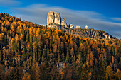 Herbst in Cinque Torri bei Sonnenaufgang, Belluno, Dolomiti Ampezzane, Venetien, Italien, Westeuropa