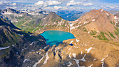 Aerial view of mountains and lake from Griespass at sunset, Ulrichen, Vallese, Switzerland, Western Europe