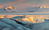 Blocks of ice at sunrise, Jökulsárlón, Diamond beach, Austurland, Iceland, Northern Europe