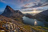 Rossa Pass and Geisspfadsee at sunset during summer, Alpe Devero, Val D’Ossola, Verbano Cusio Ossola, Piedmont, Italy, Western Europe