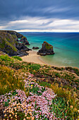 Cloudy day at Carnewas and Bedruthan Steps, Bedruthan Steps, Newquay, Cornwall, United Kingdom, Northern Europe