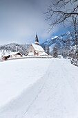 the famous little church of St. Magdalena in Villnöss after a snowfall, Bolzano province, South Tyrol, Trentino Alto Adige, Italy,