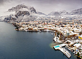 Aerial view of Lecco Bay in a snowy day, Lecco, Lecco province, Lombardy, italy