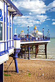 Daylight view of the Eastbourne pier from the shore. Eastbourne, East Sussex, England, United Kingdom.