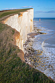 Blick auf Beachy Head, eine Kreidefelseninsel in East Sussex, unmittelbar östlich der Seven Sisters und ihres Leuchtturms. Eastbourne, East Sussex, Südengland.