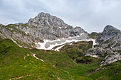 Aerial view of the Corna Piana mountain during spring time. Valcanale, Ardesio, Val Seriana, Bergamo district, Lombardy, Italy, Southern Europe.