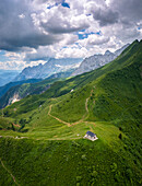 Aerial view of the small church at the top of the Manina Pass, between Scalve Valley and Seriana Valley. Nona, Vilminore di Scalve, Scalve Valley, Lombardy, Bergamo province, Italy.