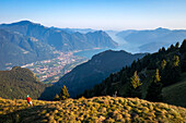 Aerial view of Iseo Lake from the top of Monte Alto during summer. Monte Alto, Costa Volpino, Bergamo district, Lombardy, Italy.
