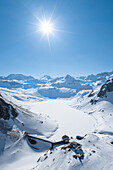 View of the Vannino lake and dam with Rifugio Margaroli. Formazza, Valle Formazza, Verbano Cusio Ossola, Piedmont, Italy.