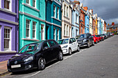 View of the colorful houses in Blaker street, Brighton, East Sussex, Southern England, United Kingdom.