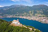 Aerial view of the Santuario della Madonna della Ceriola on top of Montisola, Iseo lake. Siviano, Montisola, Brescia province, Lombardy, Italy, Europe.