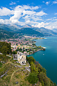 Aerial view of the church of Sant'Eufemia in Musso overlooking Lake Como. Musso, Como district, Lake Como, Lombardy, Italy