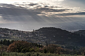 The city of Fiesole from a trail into the path of Gods. Fiesole, Metropolitan city of Florence ,Tuscany, Italy, Europe.