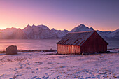 Europe, Norway, Troms: classical rorbu on the shore painted by sunset