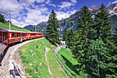 Zug der Bernina während der Fahrt nach St. Moritz, nach dem Dorf Poschiavo, mit Berg und Wald Le Prese, Val Poschiavo, Kanton Grigioni, Poschiavo, Schweiz