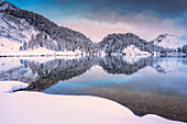 Schneebedeckte Wälder spiegeln sich im Cavloc-See bei Sonnenaufgang, Bergell-Tal, Kanton Graubünden, Engadin, Schweiz
