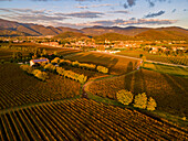 Aerial view of Franciacorta in autumn season, Brescia province, Lombardy district, Italy.