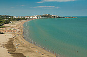 The main beach and old town of Vieste, Gargano, Foggia district, Apulia, Italy
