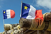 Acadia flag, terrasse de steve, port of miscou, miscou island, new brunswick, canada, north america