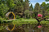 Stained glass workshop and vegetal sculpture of a canadian goose in flight, mosaiculture, botanical garden, edmundston, new brunswick, canada, north america