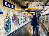 Bastille line 1 metro station with colorful mosaics representing people from the period, paris, france