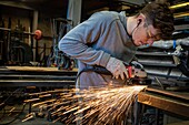 Metal soldering and sanding workshop, skilled metalworks, skilled metalworks, beaumais forge, gouville, mesnil-sur-iton, eure, normandy, france