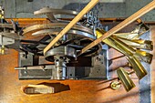 Wood and brass tilling table for sorting needles by size, the manufacture bohin factory, living conservatory of needles and pins, saint-sulpice-sur-risle, orne (61), france