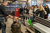 School tour to a cultural project for the eighth grade students of the victor hugo middle school of rugles, decorative ironwork with nicolas martin, beaumais forge, gouville, mesnil-sur-iton, eure, normandy, france