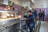 Meal at the refectory's self-service, care home for adults with mental disabilities, residence la charentonne, adapei27, association departementale d'amis et de parents, bernay, eure, normandy, france