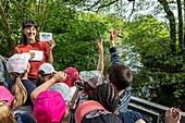 Monitor, nature and discovery of the flora and fauna around the river, pupils and teacher from the kindergarten of bourth, iton river valley, eure, normandy, france