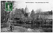 Old postcard of a man with his son on the banks of the river, damville, mesnil-sur-iton, vallee de l'iton, eure, normandie, france