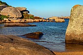 Blick auf den Leuchtturm von Ploumanach von den rosafarbenen Granitblöcken der Bucht von Saint-Anne aus, Renote Island Point, Tregastel, Küste aus rosafarbenem Granit, Cotes-d'Armor, Bretagne, Frankreich