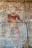 Pharaoh on the bas-relief and frescoes in bright colors, egyptian hieroglyphs, figurative holy writings, precinct of amun-re, temple of karnak, ancient egyptian site from the 13th dynasty, unesco world heritage site, luxor, egypt, africa